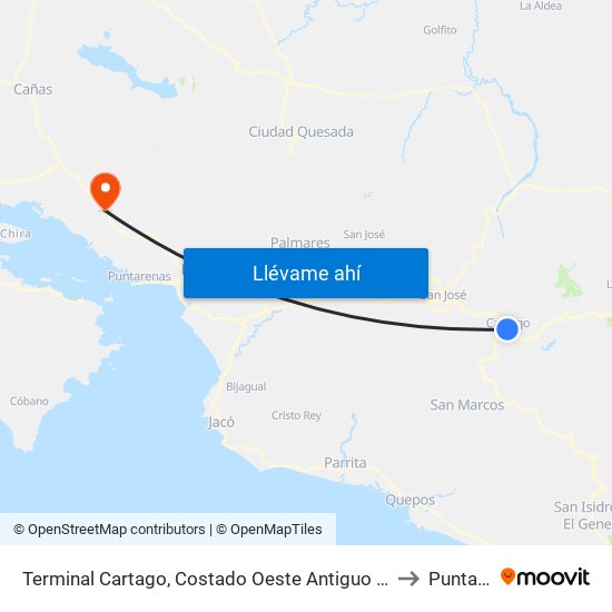 Terminal Cartago, Costado Oeste Antiguo Banco Crédito Agricola to Puntarenas map