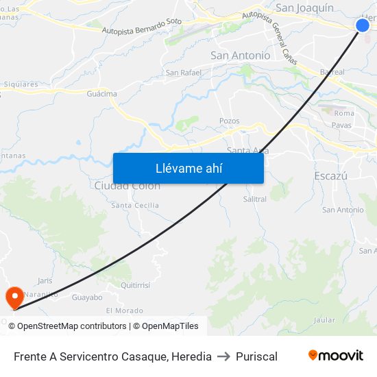 Frente A Servicentro Casaque, Heredia to Puriscal map