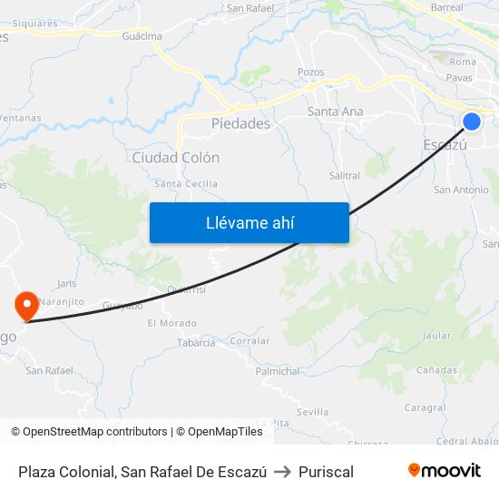 Plaza Colonial, San Rafael De Escazú to Puriscal map