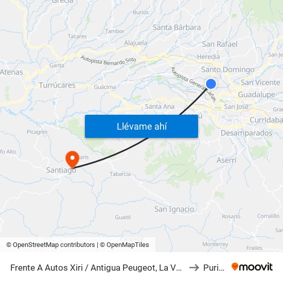 Frente A Autos Xiri / Antigua Peugeot, La Valencia Heredia to Puriscal map