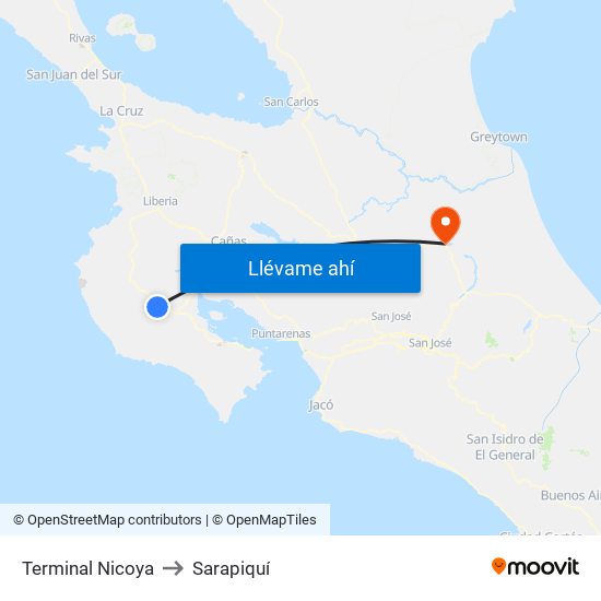 Terminal Nicoya to Sarapiquí map