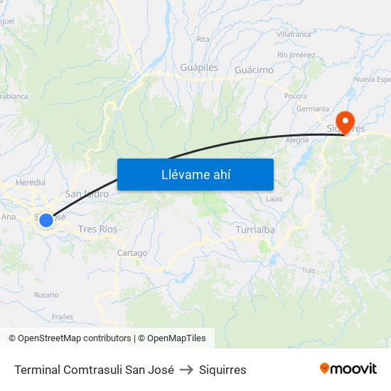 Terminal Comtrasuli San José to Siquirres map