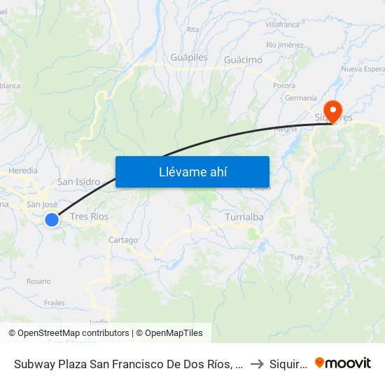 Subway Plaza San Francisco De Dos Ríos, San José to Siquirres map