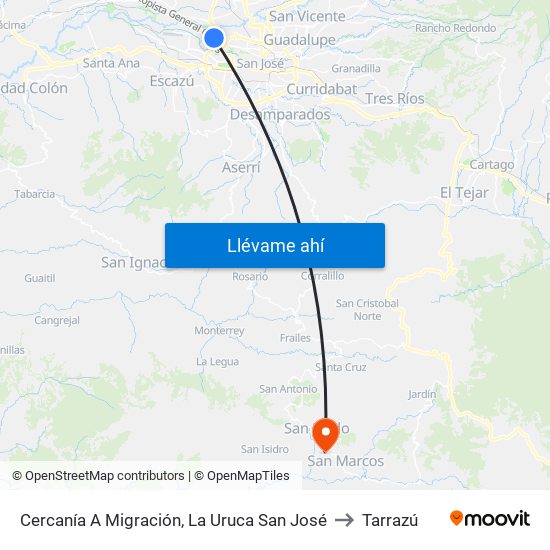 Cercanía A Migración, La Uruca San José to Tarrazú map