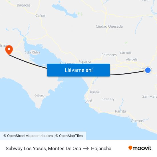 Subway Los Yoses, Montes De Oca to Hojancha map
