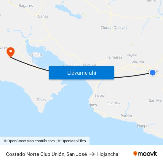 Costado Norte Club Unión, San José to Hojancha map