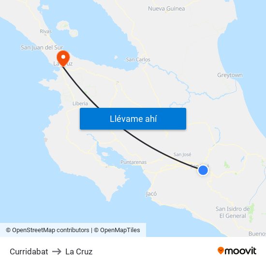 Curridabat to La Cruz map