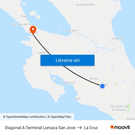 Diagonal A Terminal Lumaca San José to La Cruz map