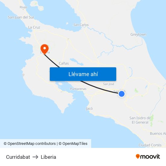 Curridabat to Liberia map