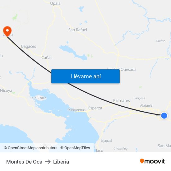 Montes De Oca to Liberia map