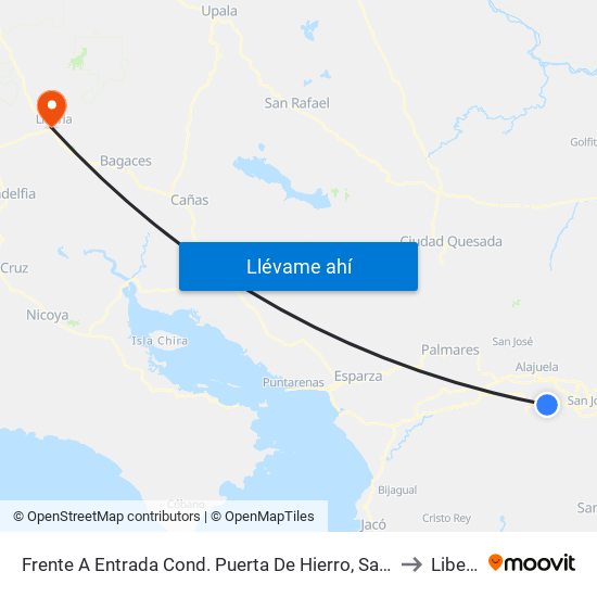 Frente A Entrada Cond. Puerta De Hierro, Santa Ana to Liberia map