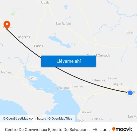 Centro De Convivencia Ejército De Salvación, San José to Liberia map