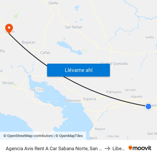 Agencia Avis Rent A Car Sabana Norte, San José to Liberia map