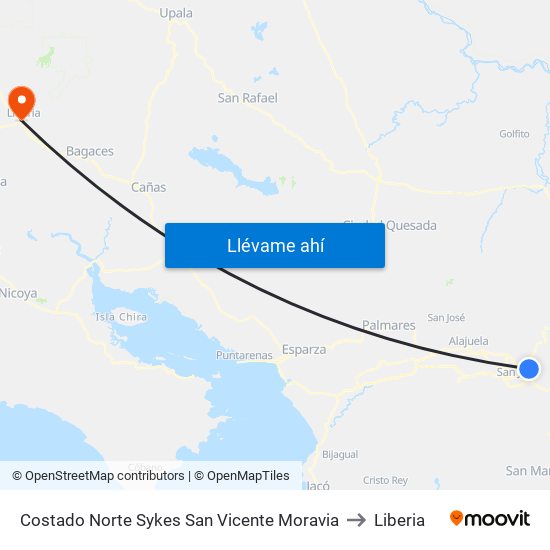 Costado Norte Sykes San Vicente Moravia to Liberia map