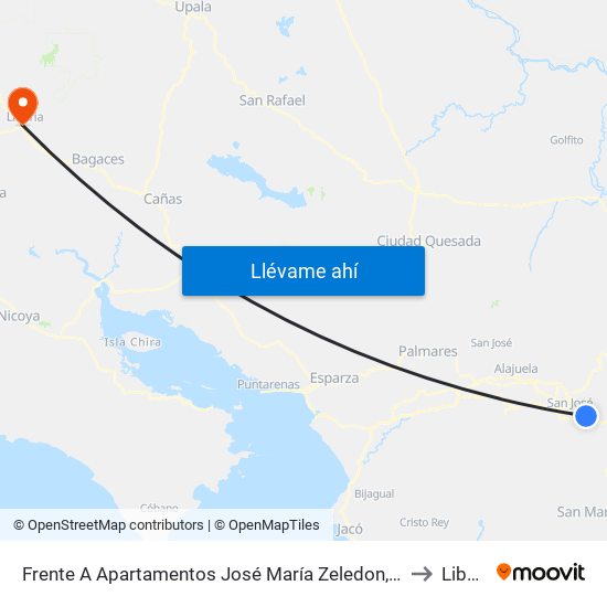 Frente A Apartamentos José María Zeledon, Curridabat to Liberia map