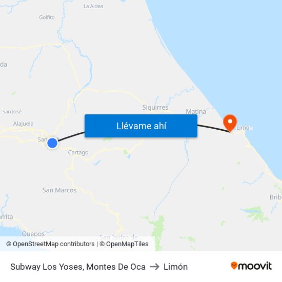 Subway Los Yoses, Montes De Oca to Limón map