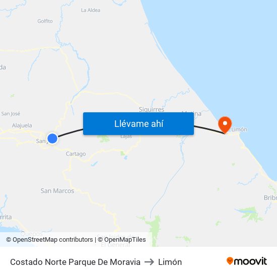 Costado Norte Parque De Moravia to Limón map