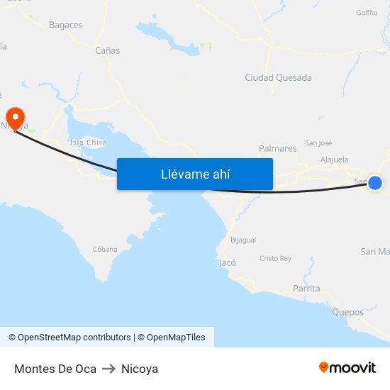 Montes De Oca to Nicoya map