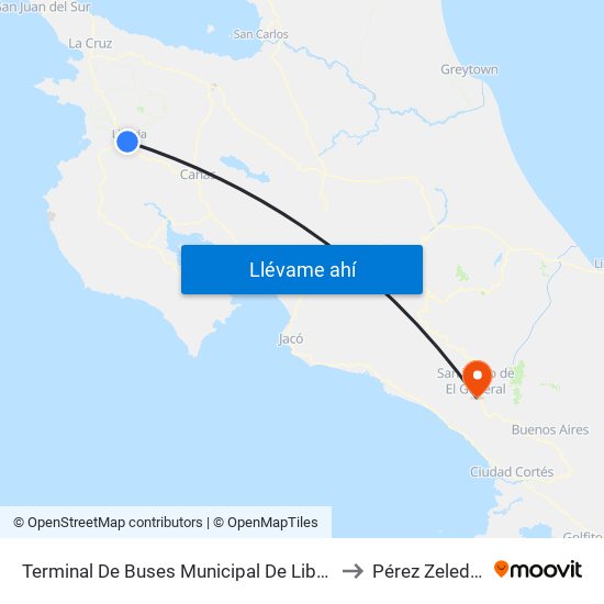 Terminal De Buses Municipal De Liberia to Pérez Zeledón map
