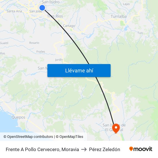 Frente A Pollo Cervecero, Moravia to Pérez Zeledón map
