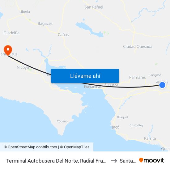 Terminal Autobusera Del Norte, Radial Francisco J. Orlich Alajuela to Santa Cruz map