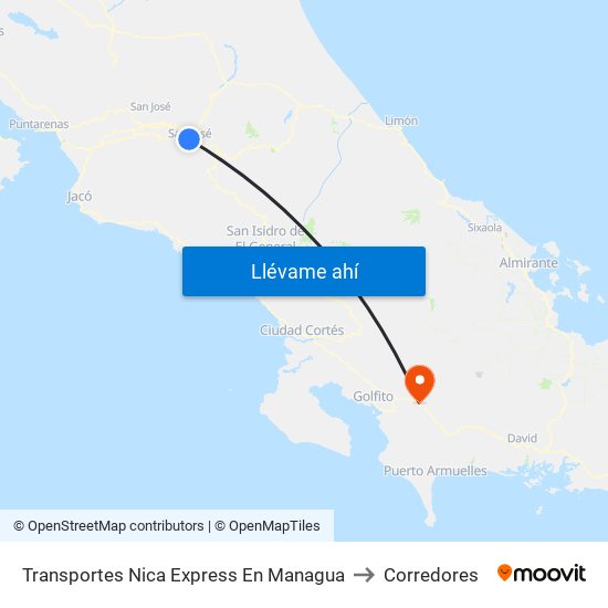 Transportes Nica Express En Managua to Corredores map