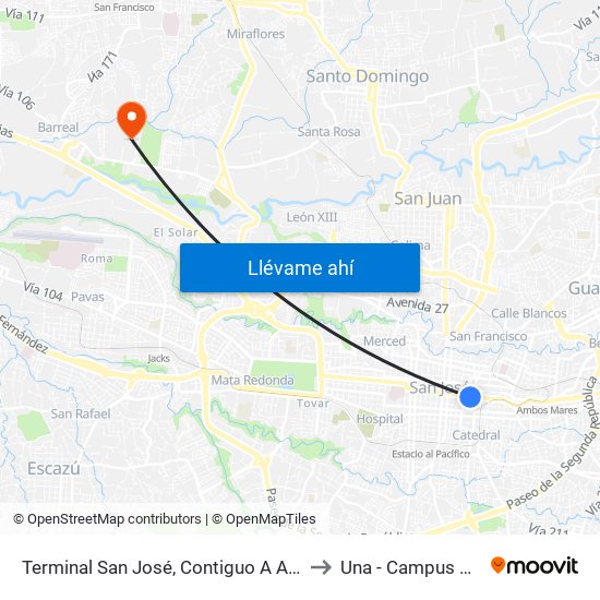 Terminal San José, Contiguo A Agencia Western Union Avenida Segunda to Una - Campus Pbro. Benjamín Núñez map