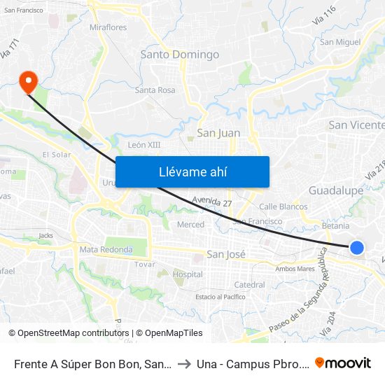 Frente A Súper Bon Bon, San Pedro Montes De Oca to Una - Campus Pbro. Benjamín Núñez map