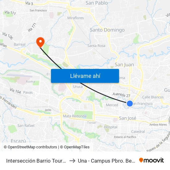 Intersección Barrio Tournon, San José to Una - Campus Pbro. Benjamín Núñez map