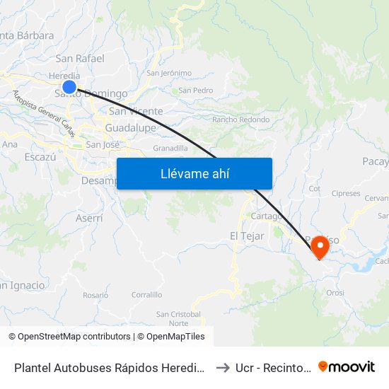 Plantel Autobuses Rápidos Heredianos, Pirro Heredia to Ucr - Recinto Paraíso map