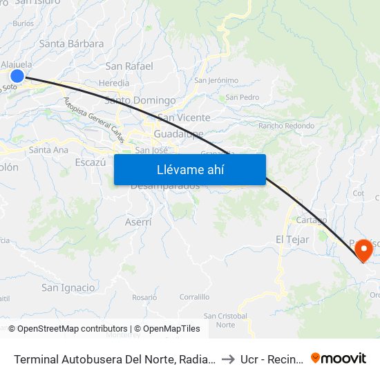 Terminal Autobusera Del Norte, Radial Francisco J. Orlich Alajuela to Ucr - Recinto Paraíso map
