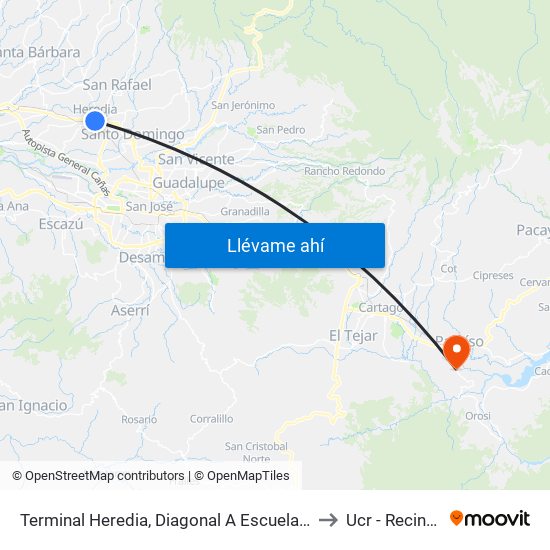 Terminal Heredia, Diagonal A Escuela Braulio Morales Cervantes to Ucr - Recinto Paraíso map