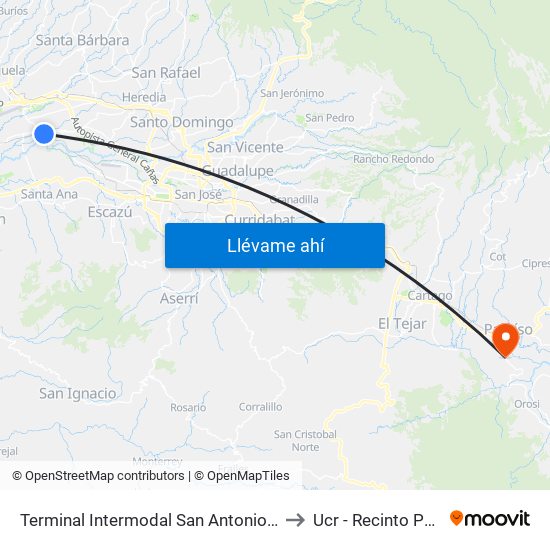 Terminal Intermodal San Antonio De Belén to Ucr - Recinto Paraíso map