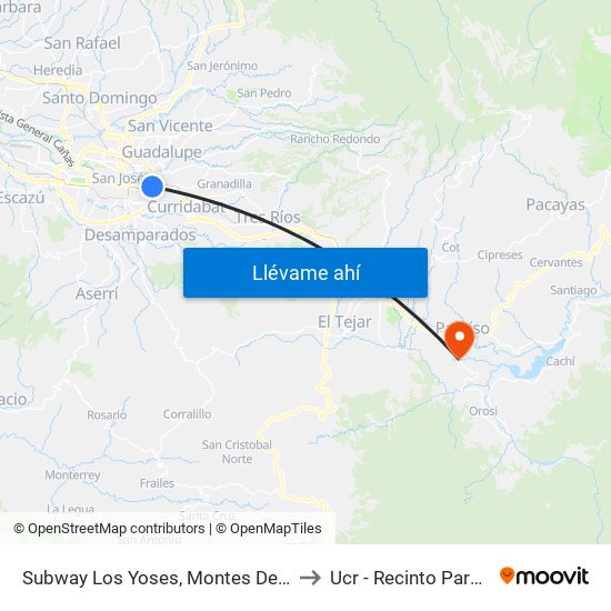 Subway Los Yoses, Montes De Oca to Ucr - Recinto Paraíso map