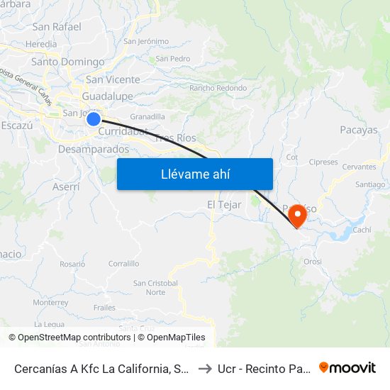 Cercanías A Kfc La California, San José to Ucr - Recinto Paraíso map