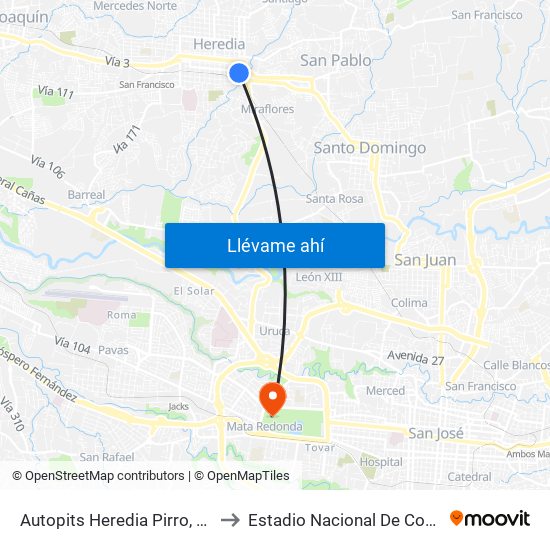 Autopits Heredia Pirro, Heredia to Estadio Nacional De Costa Rica map