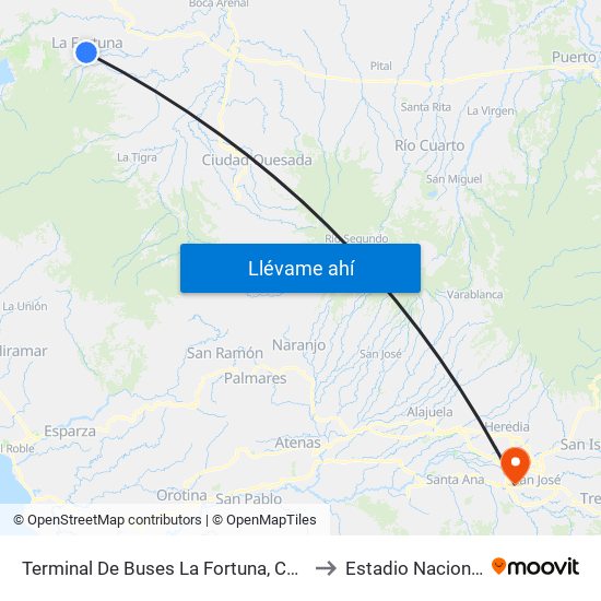 Terminal De Buses La Fortuna, Contiguo A Megasuper La Fortuna to Estadio Nacional De Costa Rica map