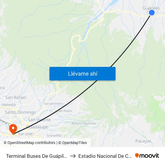 Terminal Buses De Guápiles, Pococí to Estadio Nacional De Costa Rica map