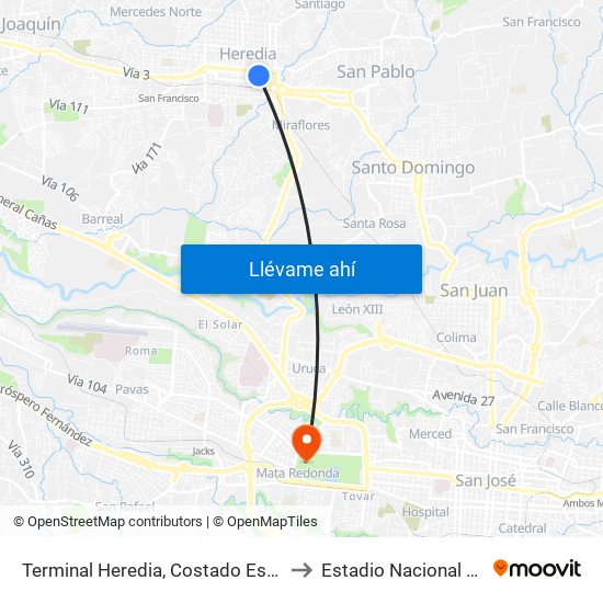 Terminal Heredia, Costado Este Parque El Carmén to Estadio Nacional De Costa Rica map
