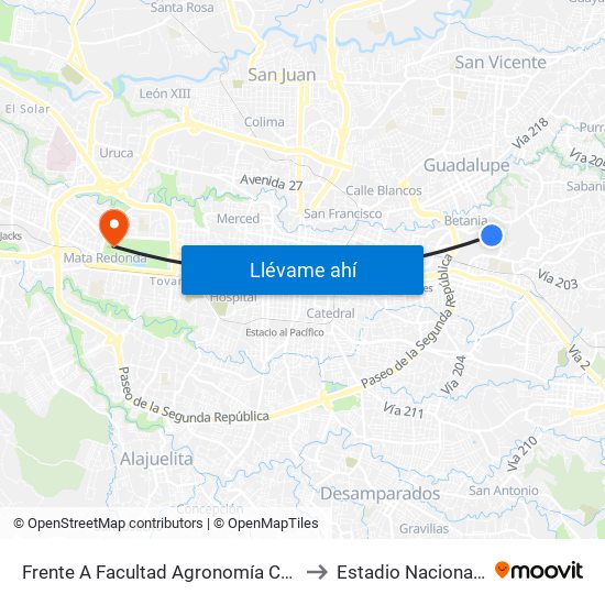 Frente A Facultad Agronomía Campus Ucr, Montes De Oca to Estadio Nacional De Costa Rica map
