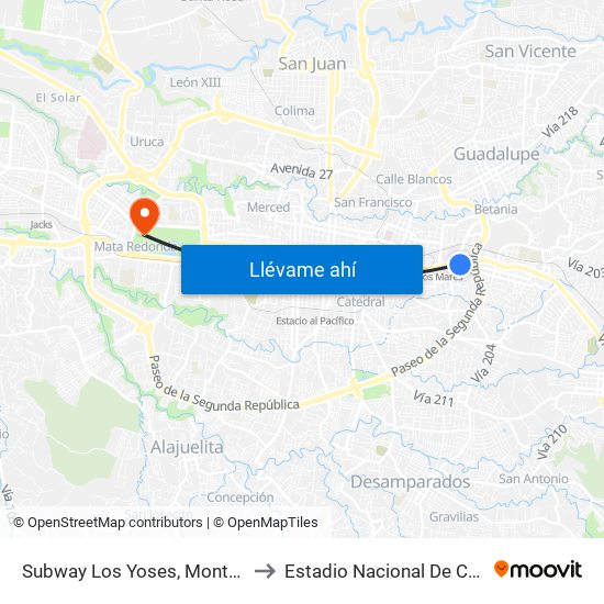 Subway Los Yoses, Montes De Oca to Estadio Nacional De Costa Rica map