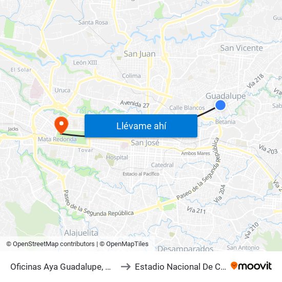 Oficinas Aya Guadalupe, Goicoechea to Estadio Nacional De Costa Rica map