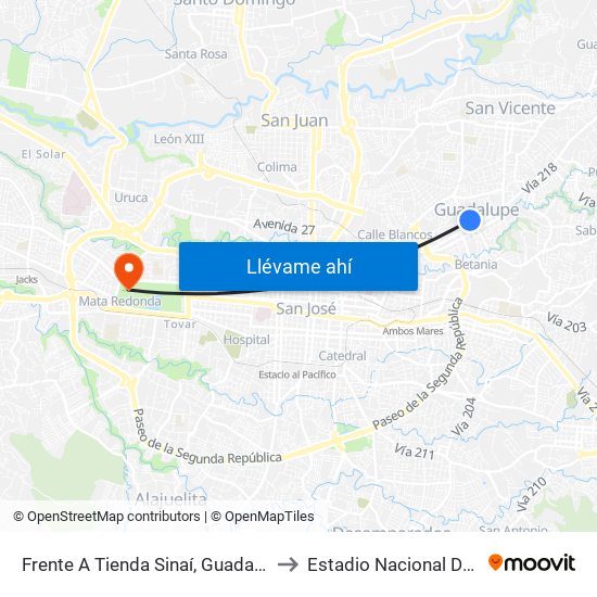 Frente A Tienda Sinaí, Guadalupe Goicoechea to Estadio Nacional De Costa Rica map