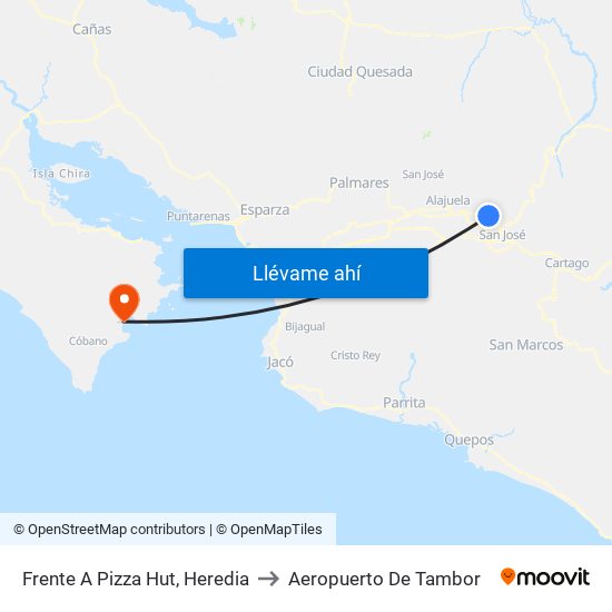 Frente A Pizza Hut, Heredia to Aeropuerto De Tambor map