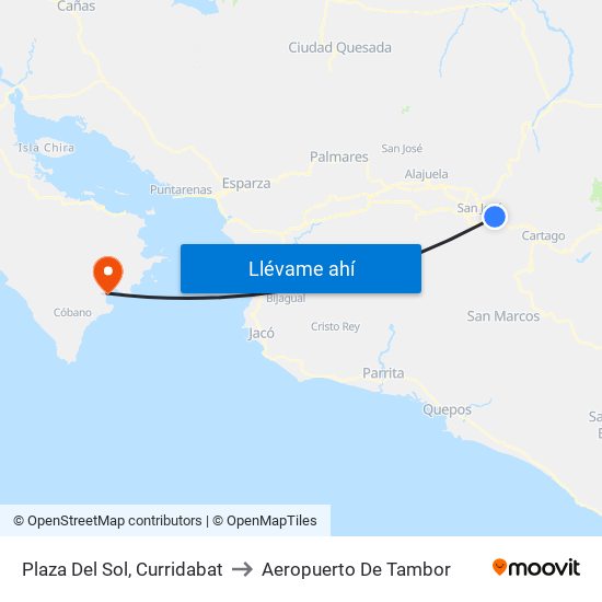 Plaza Del Sol, Curridabat to Aeropuerto De Tambor map