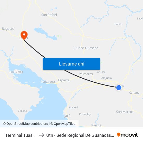 Terminal Tuasa San José to Utn - Sede Regional De Guanacaste - Recinto Corobicí map