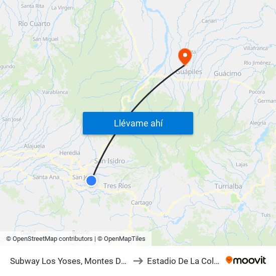 Subway Los Yoses, Montes De Oca to Estadio De La Colonia map