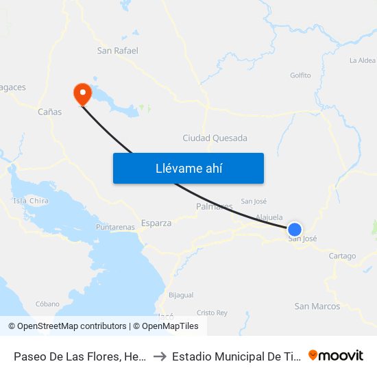 Paseo De Las Flores, Heredia to Estadio Municipal De Tilarán map