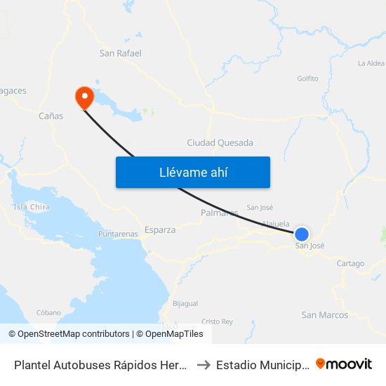 Plantel Autobuses Rápidos Heredianos, Pirro Heredia to Estadio Municipal De Tilarán map