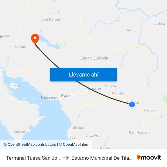 Terminal Tuasa San José to Estadio Municipal De Tilarán map